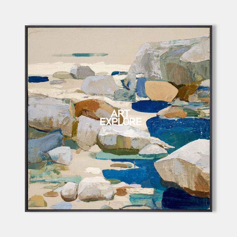 Original hand painted coastal oil painting canvas wall art, navy teal cream rocky shore abstract nordic scandinavian elegant luxury mod