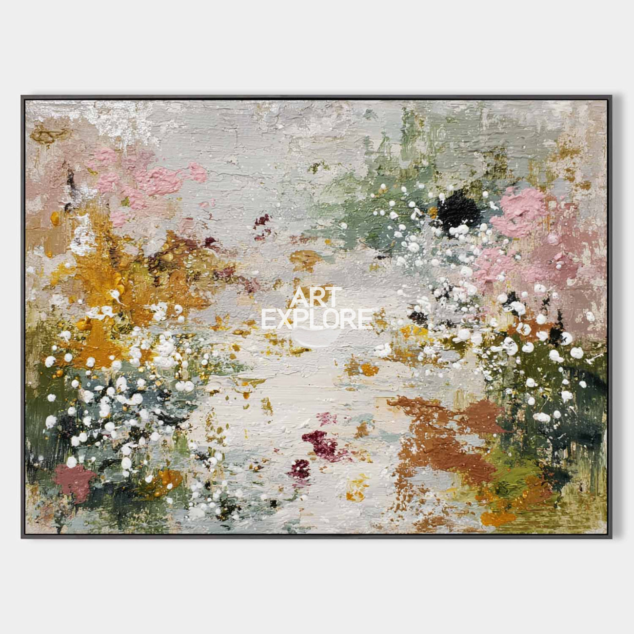 Original hand painted amber gold blush pink sage green abstract floral oil painting canvas wall art, nordic scandinavian elegant luxury