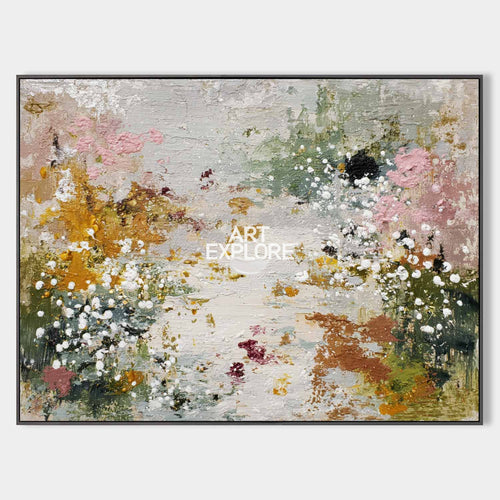 Original hand painted amber gold blush pink sage green abstract floral oil painting canvas wall art, nordic scandinavian elegant luxury