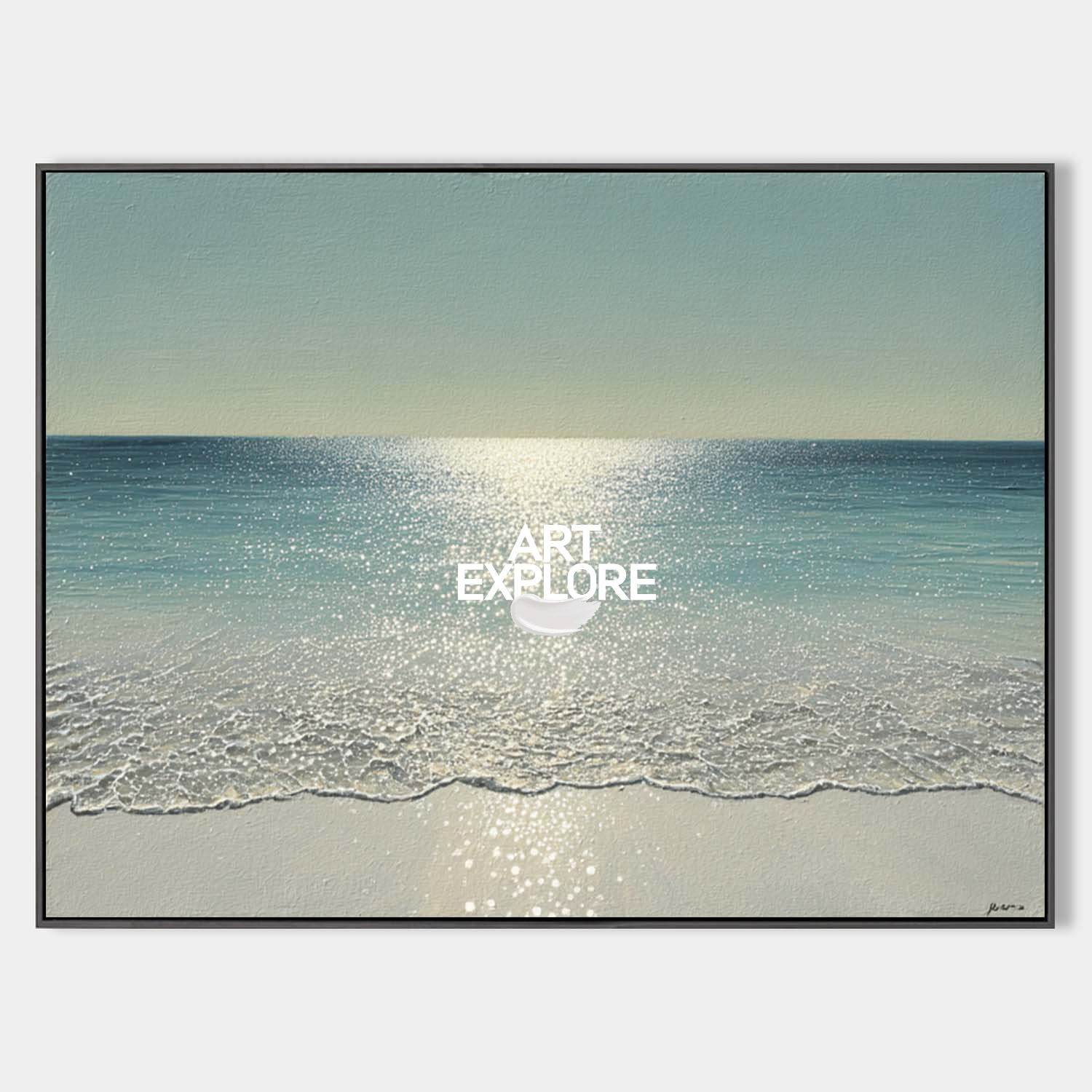 Original hand painted teal coastal ocean oil painting canvas wall art, nordic scandinavian minimalist elegant luxury modern living room