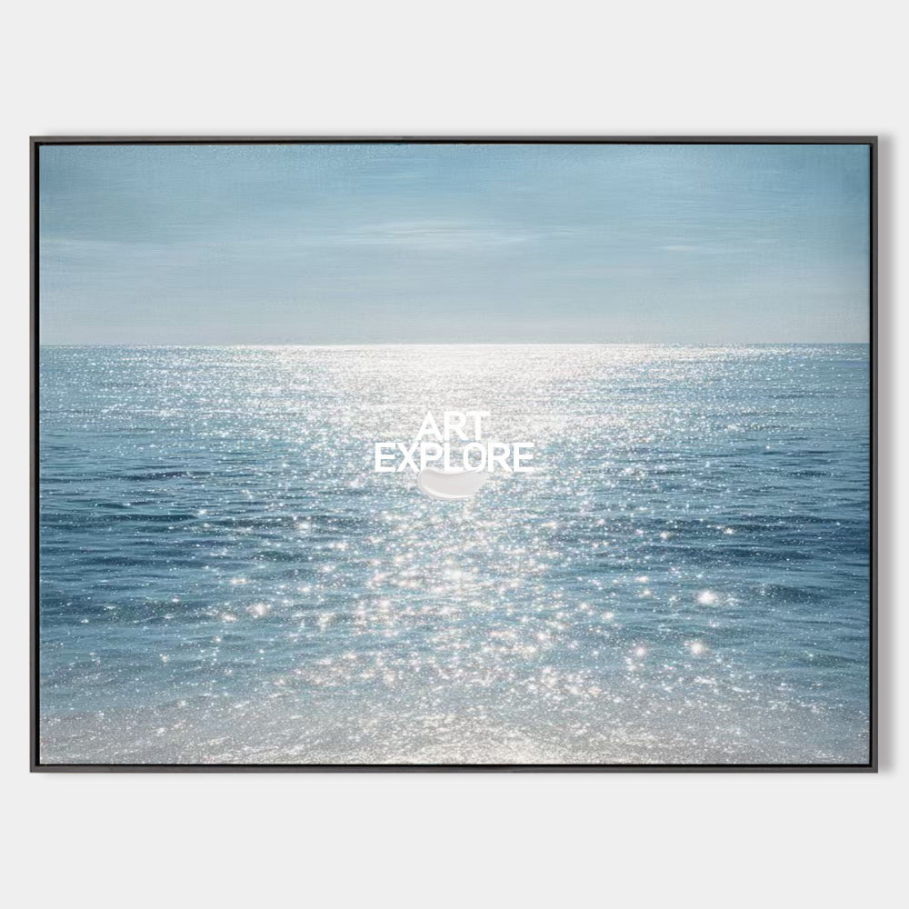 Hand painted original oil painting wall art canvas shimmering azure ocean nordic scandinavian elegant luxury modern home decor