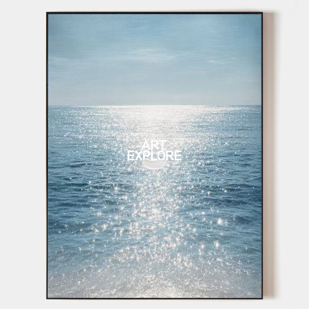 Hand painted original oil painting wall art canvas, sparkling blue ocean coastal landscape, elegant luxury nordic scandinavian modern h