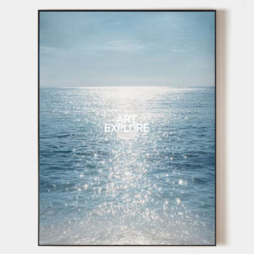 Hand painted original oil painting wall art canvas, sparkling blue ocean coastal landscape, elegant luxury nordic scandinavian modern h
