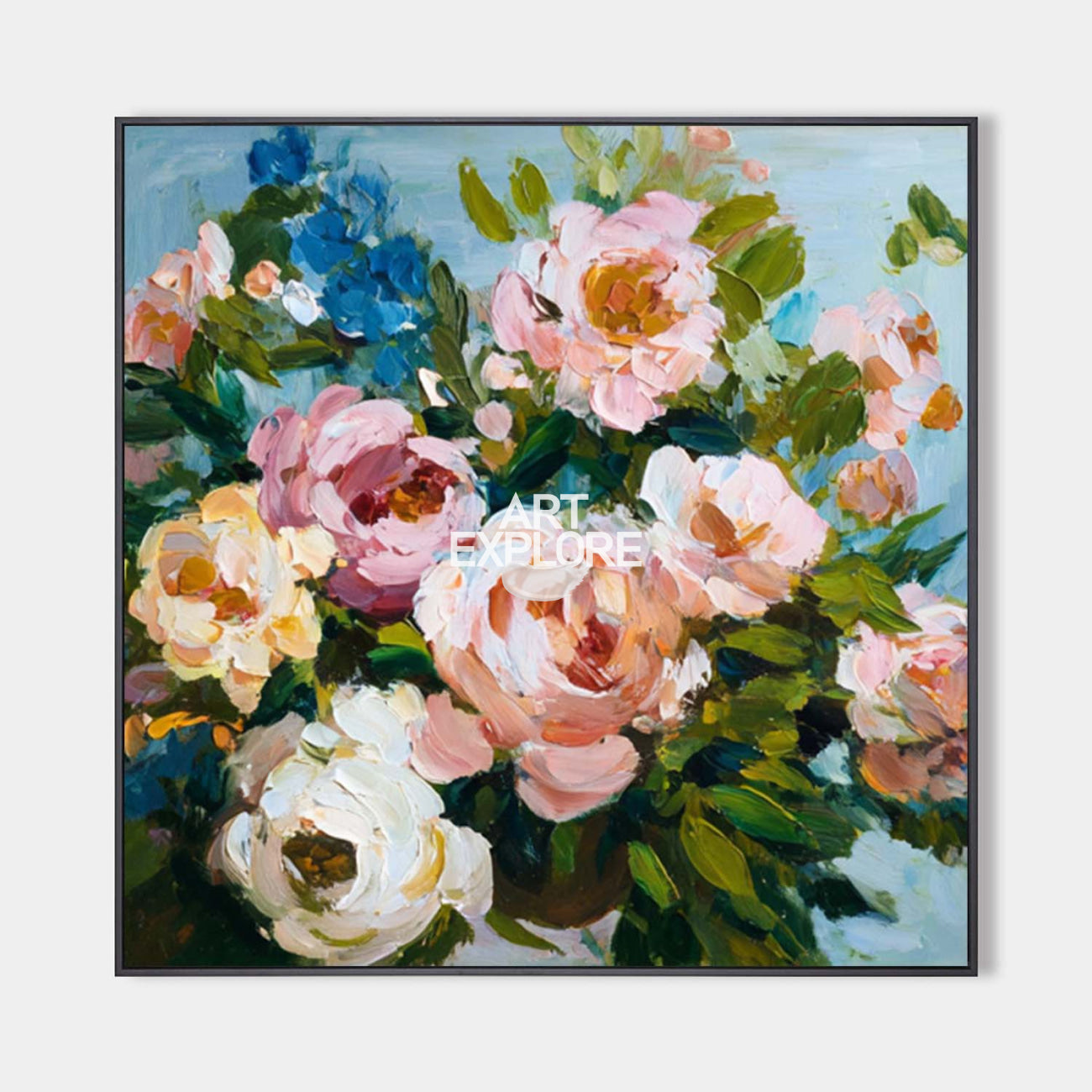 Original hand painted blush pink peony floral oil painting canvas wall art, elegant luxury modern scandinavian nordic bedroom living ro