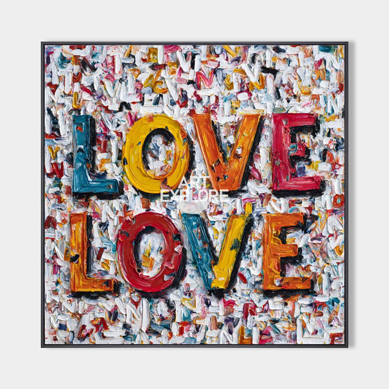 Original hand painted vibrant LOVE typography abstract oil painting canvas wall art, bold modern luxury colorful textured home decor in