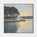 Original hand painted golden sunset lake pine trees oil painting canvas wall art, nordic scandinavian elegant luxury modern coastal liv