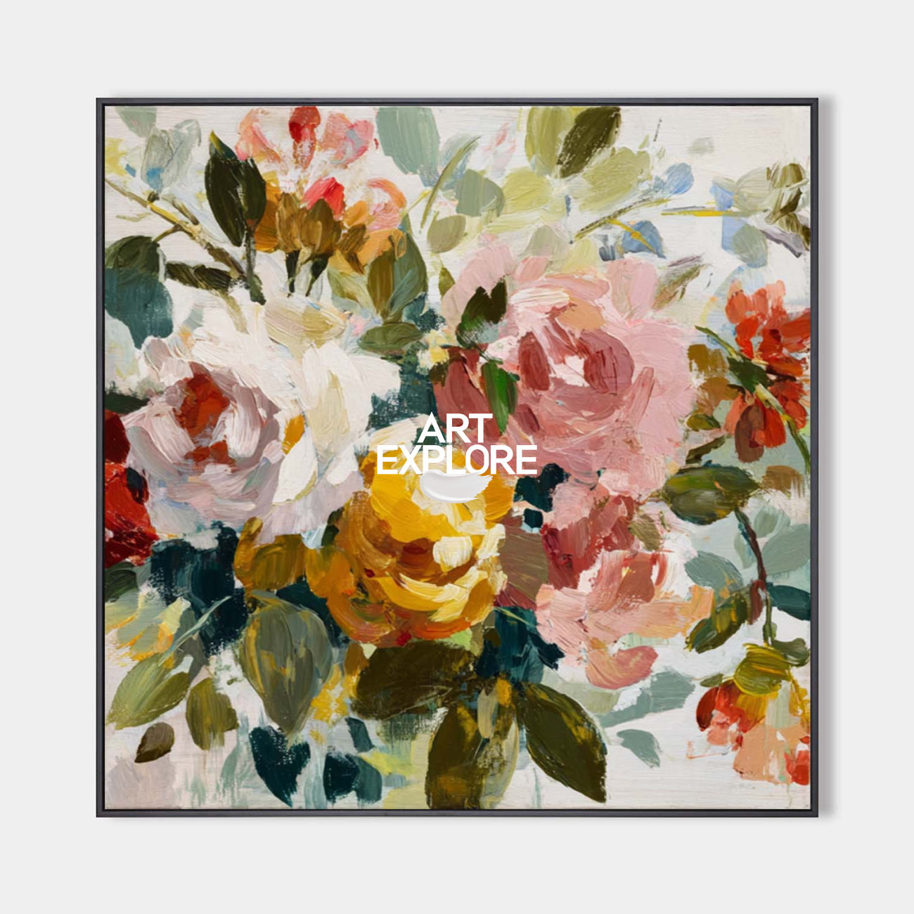 Original hand painted blush pink ivory yellow floral oil painting canvas wall art, elegant vintage botanical luxury modern nordic scand
