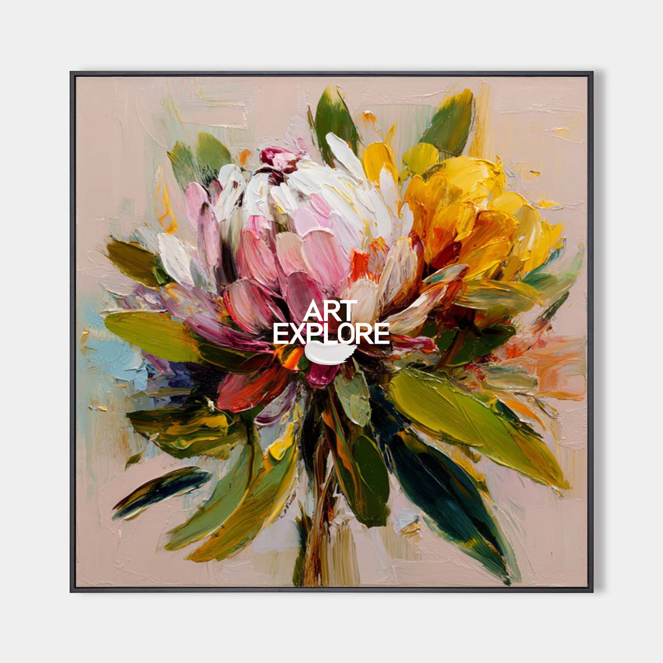Original hand painted pink white yellow floral botanical oil painting canvas wall art, elegant luxury modern nordic scandinavian home d