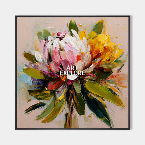 Original hand painted pink white yellow floral botanical oil painting canvas wall art, elegant luxury modern nordic scandinavian home d