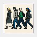 Original hand painted minimalist figures oil painting canvas wall art, four walking silhouettes navy green ivory nordic scandinavian el