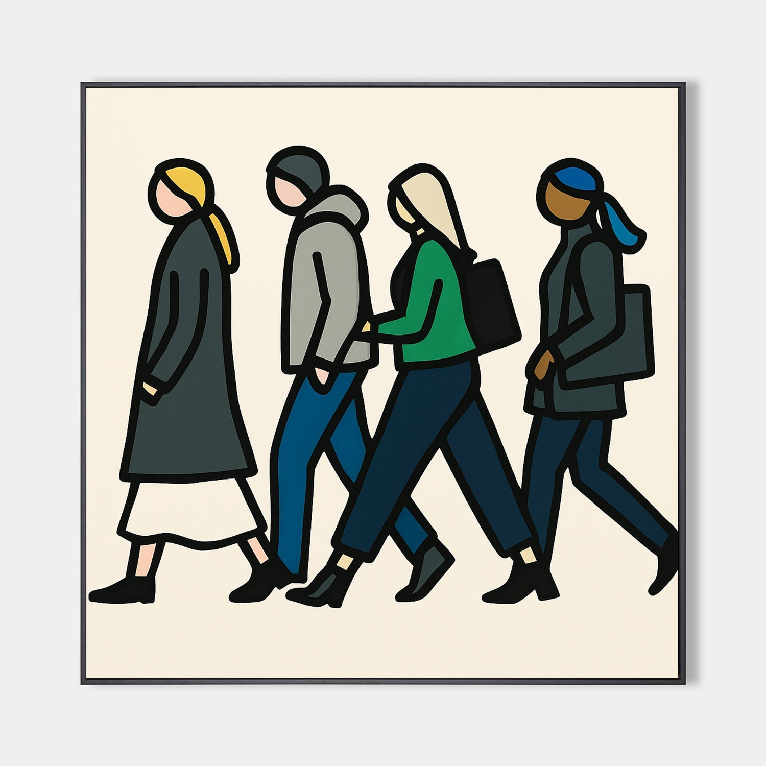 Original hand painted minimalist figures oil painting canvas wall art, four walking silhouettes navy green ivory nordic scandinavian el