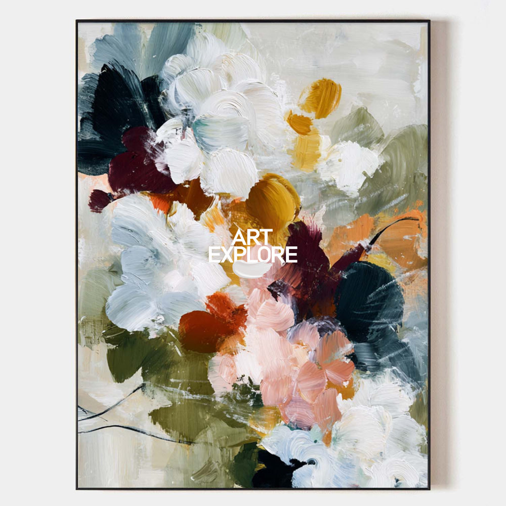 Original hand painted abstract floral oil painting canvas, blush ivory rust olive textured brushstrokes, elegant luxury modern nordic s