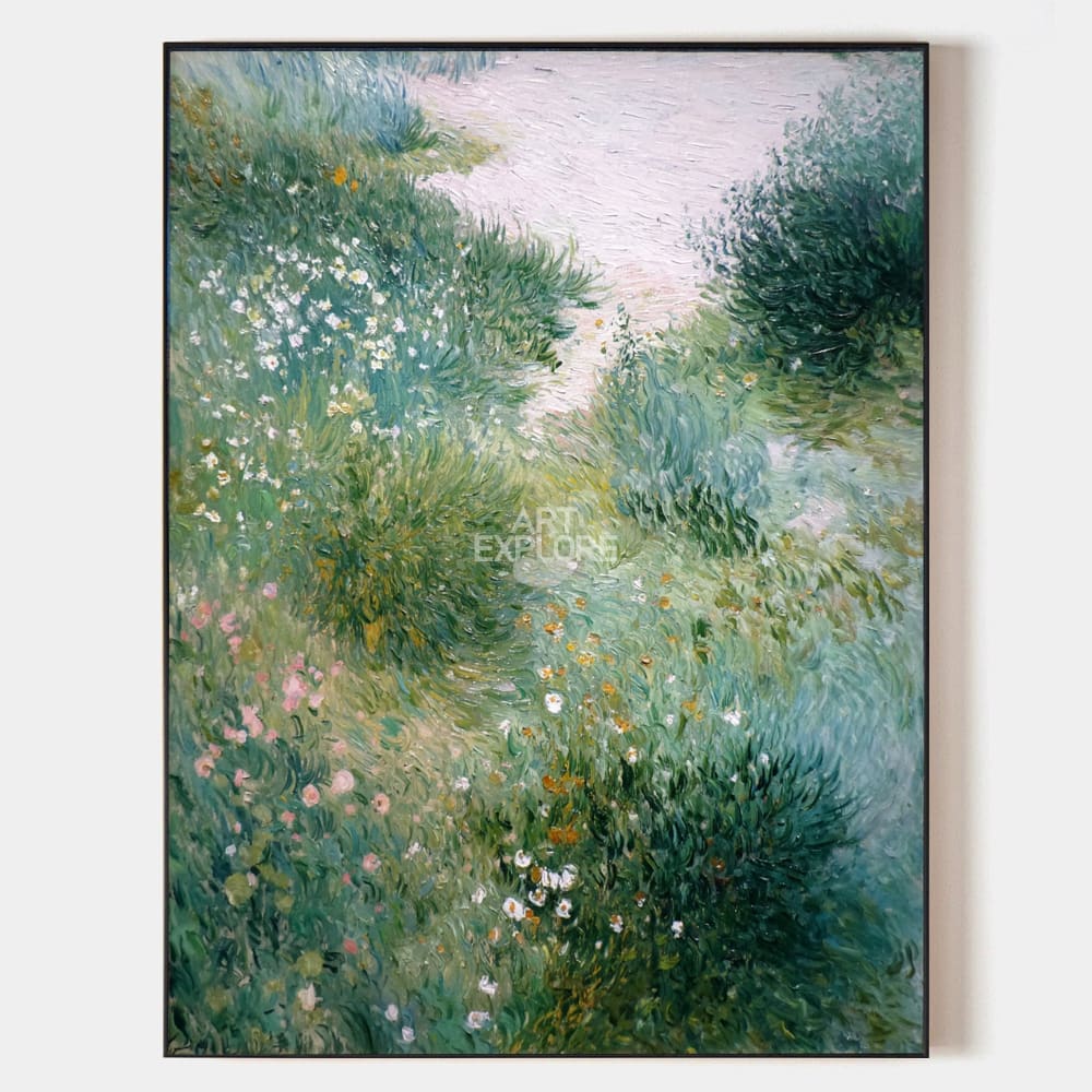 Original hand painted lush green botanical wildflower oil painting canvas wall art, elegant luxury modern nordic scandinavian home deco