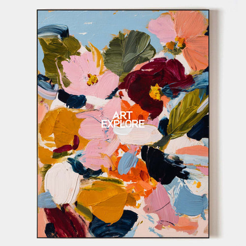 Original hand painted floral abstract oil painting canvas wall art, bold pink coral burgundy mustard blooms, elegant modern luxury nord