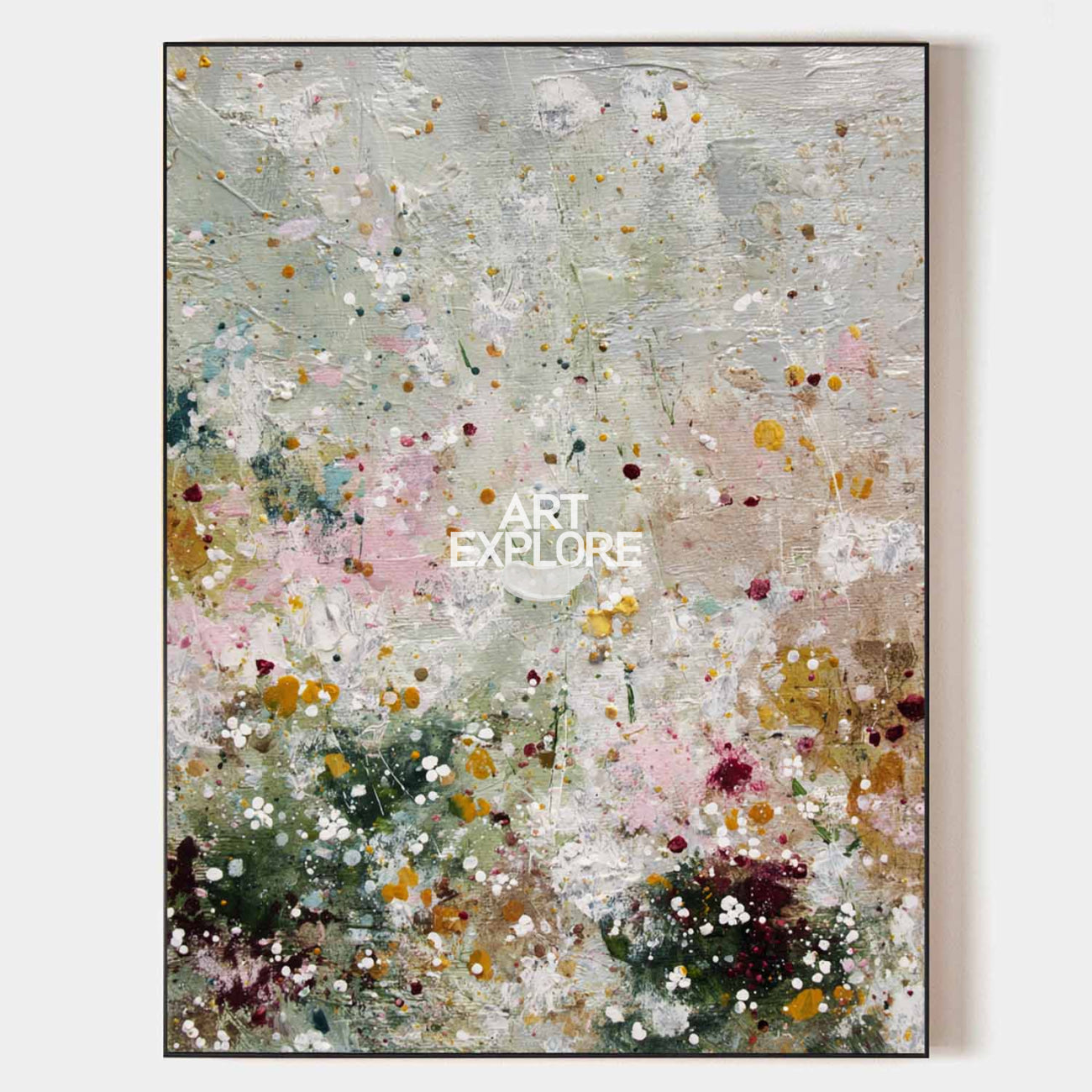 Original hand painted blush pink gold green abstract botanical splatter oil painting canvas, nordic scandinavian elegant luxury modern