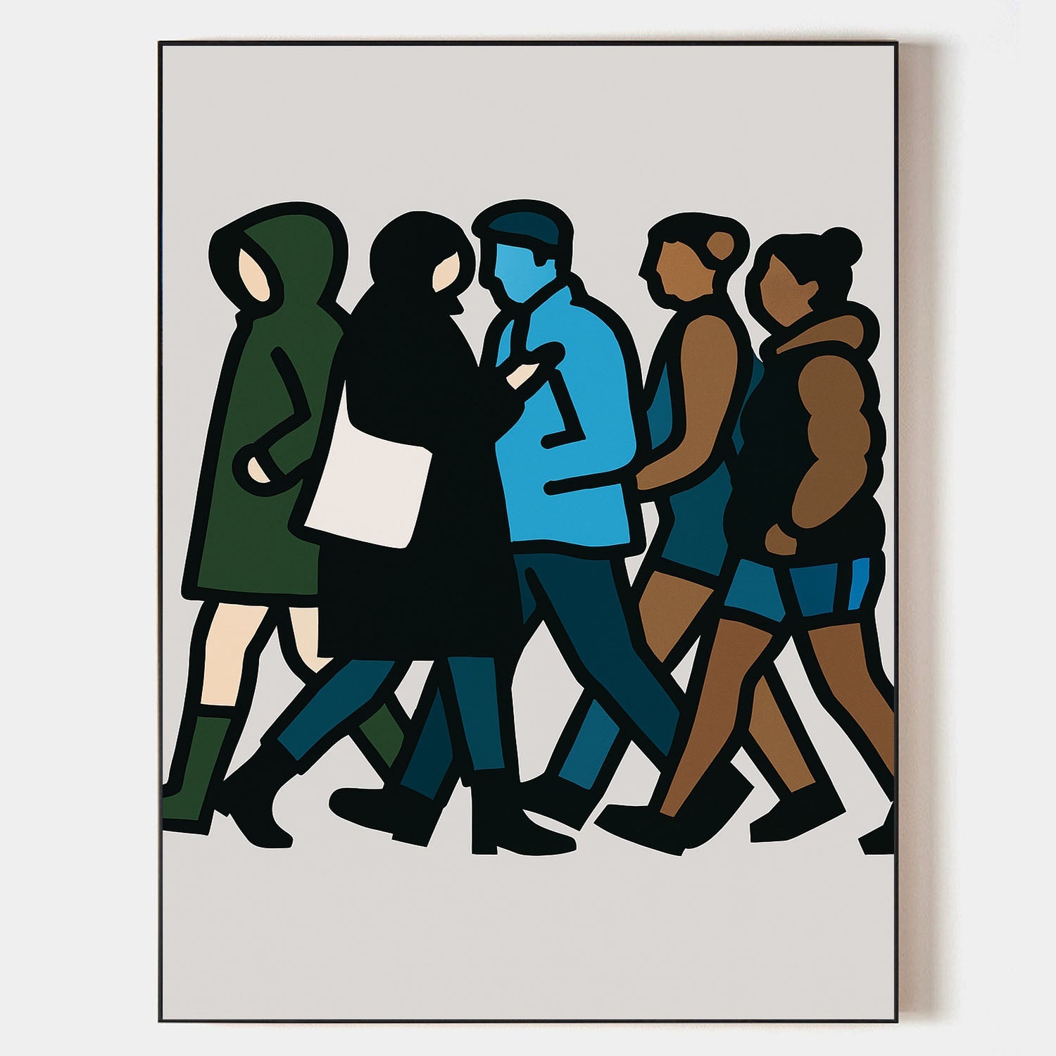 Original hand painted teal blue urban figures abstract oil painting canvas wall art, modern scandinavian minimalist elegant luxury inte
