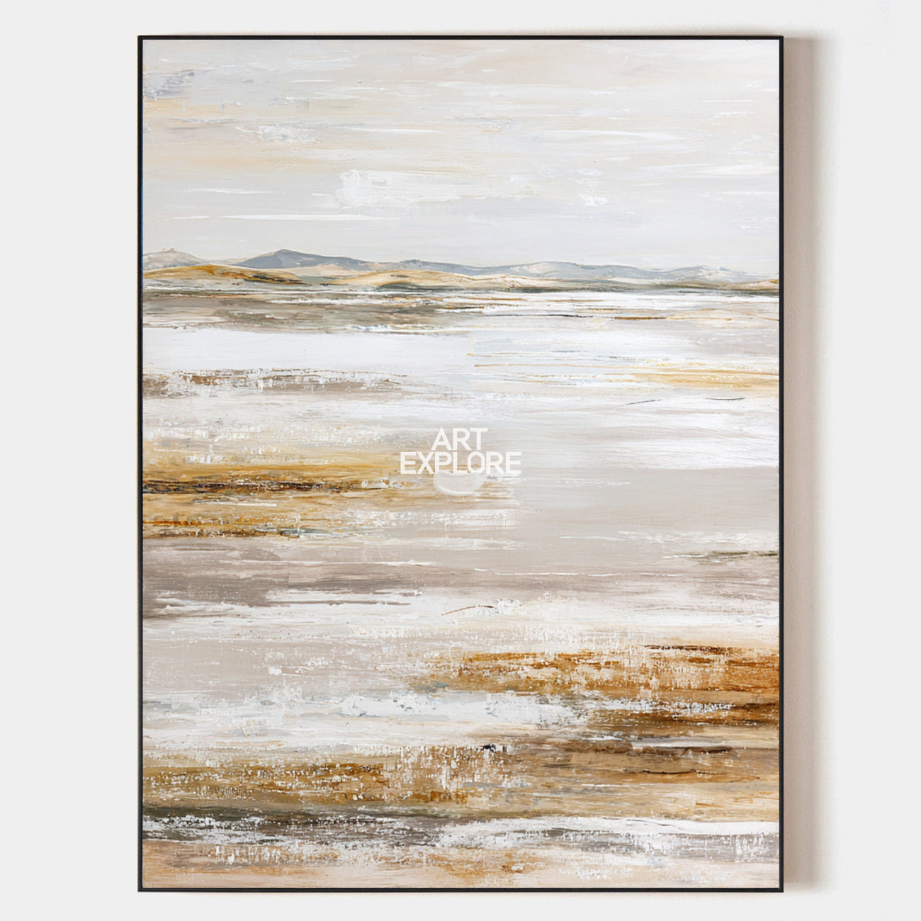 Original hand painted desert landscape oil painting canvas wall art, warm sand taupe ochre tones, nordic scandinavian minimalist elegan