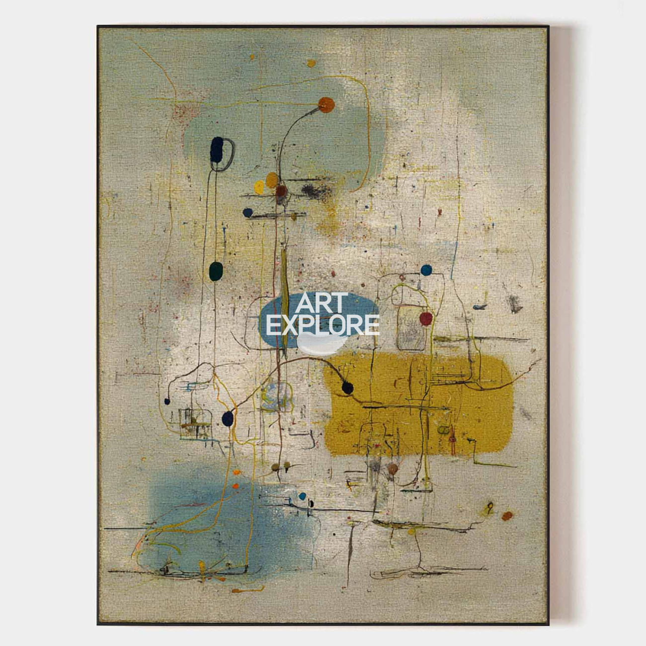Original hand painted ochre teal abstract oil painting canvas wall art, vintage geometric lines luxury modern nordic scandinavian elega