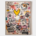 Original hand painted bold abstract oil painting canvas, yellow heart black graffiti figures pink orange modern luxury elegant wall art