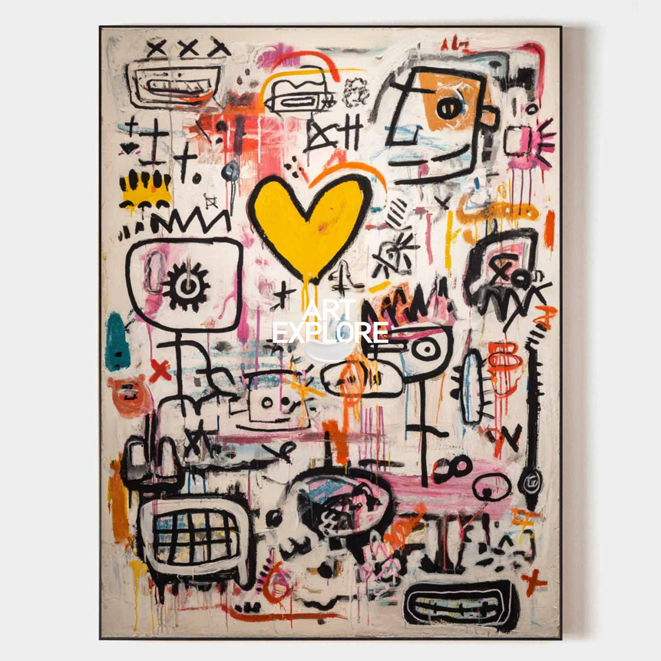 Original hand painted bold abstract oil painting canvas, yellow heart black graffiti figures pink orange modern luxury elegant wall art