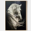 Original hand painted monochrome white horse oil painting canvas wall art, elegant luxury nordic scandinavian modern living room interi