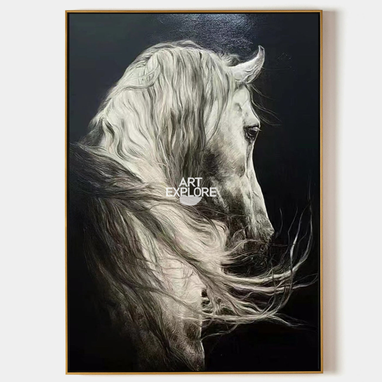 Original hand painted monochrome white horse oil painting canvas wall art, elegant luxury nordic scandinavian modern living room interi