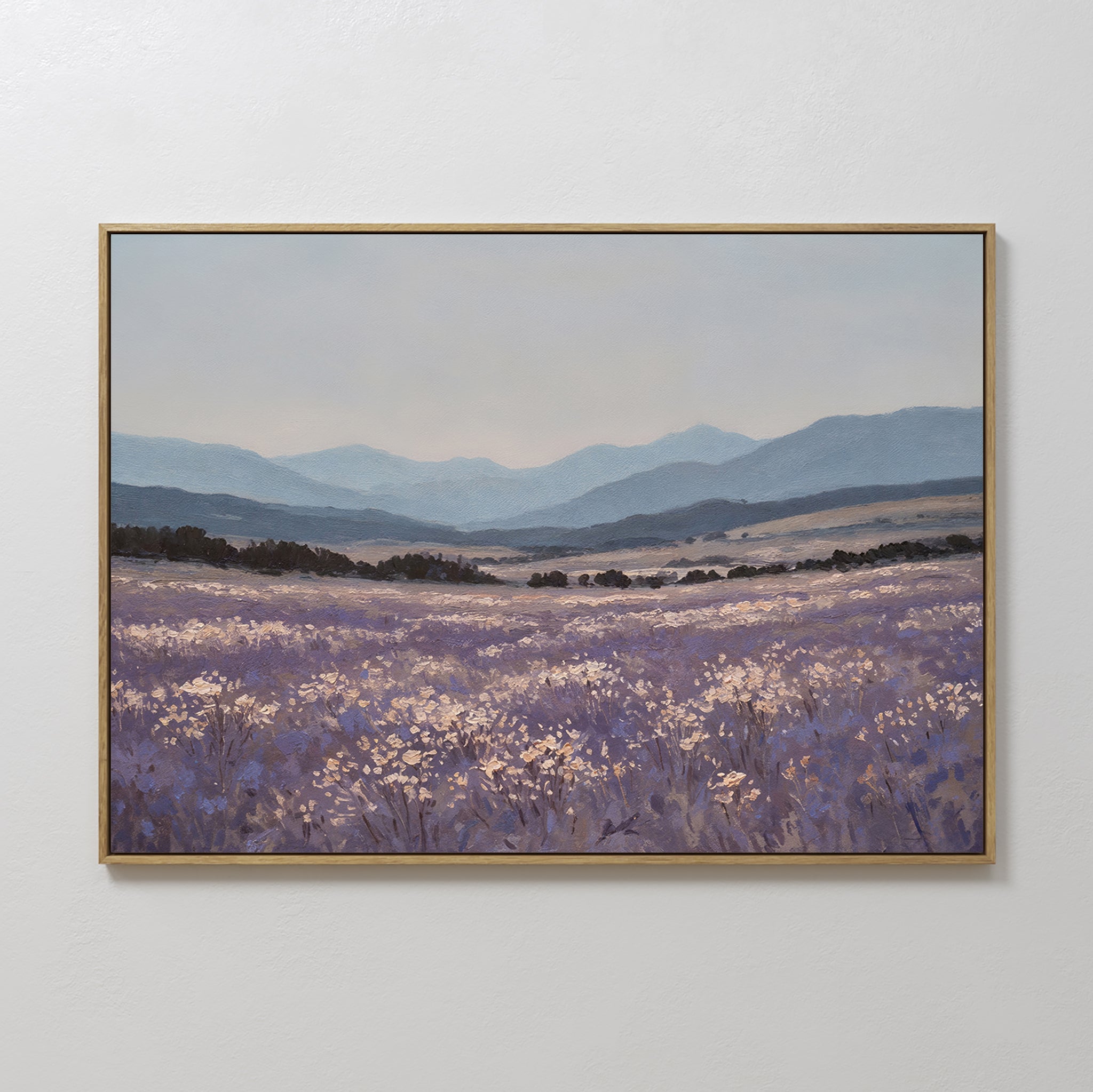 Hand painted original oil painting purple lavender field misty blue mountain landscape canvas wall art nordic scandinavian elegant luxury modern home