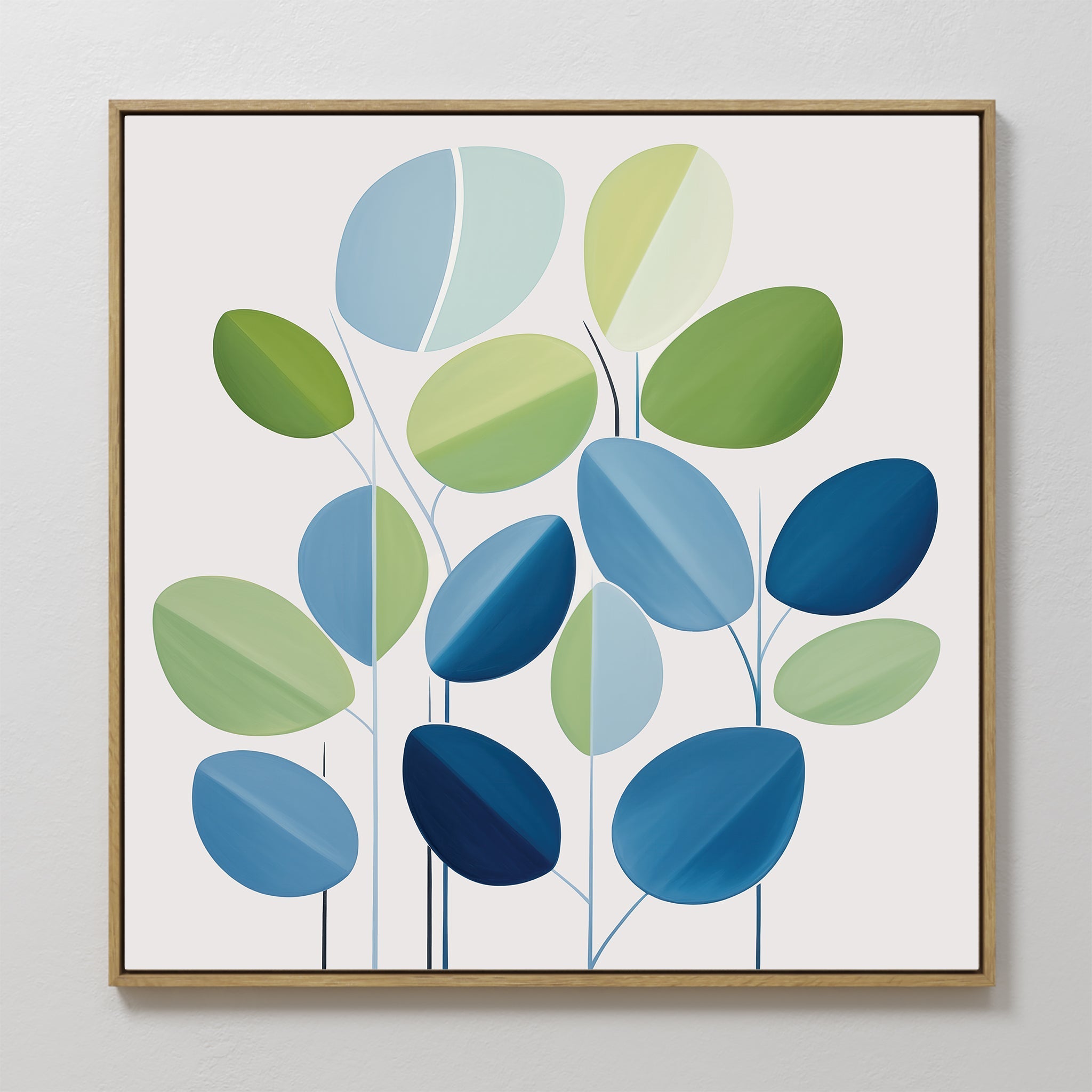Original hand painted blue green botanical oval leaves oil painting canvas wall art, nordic scandinavian elegant luxury modern minimalist home decor i