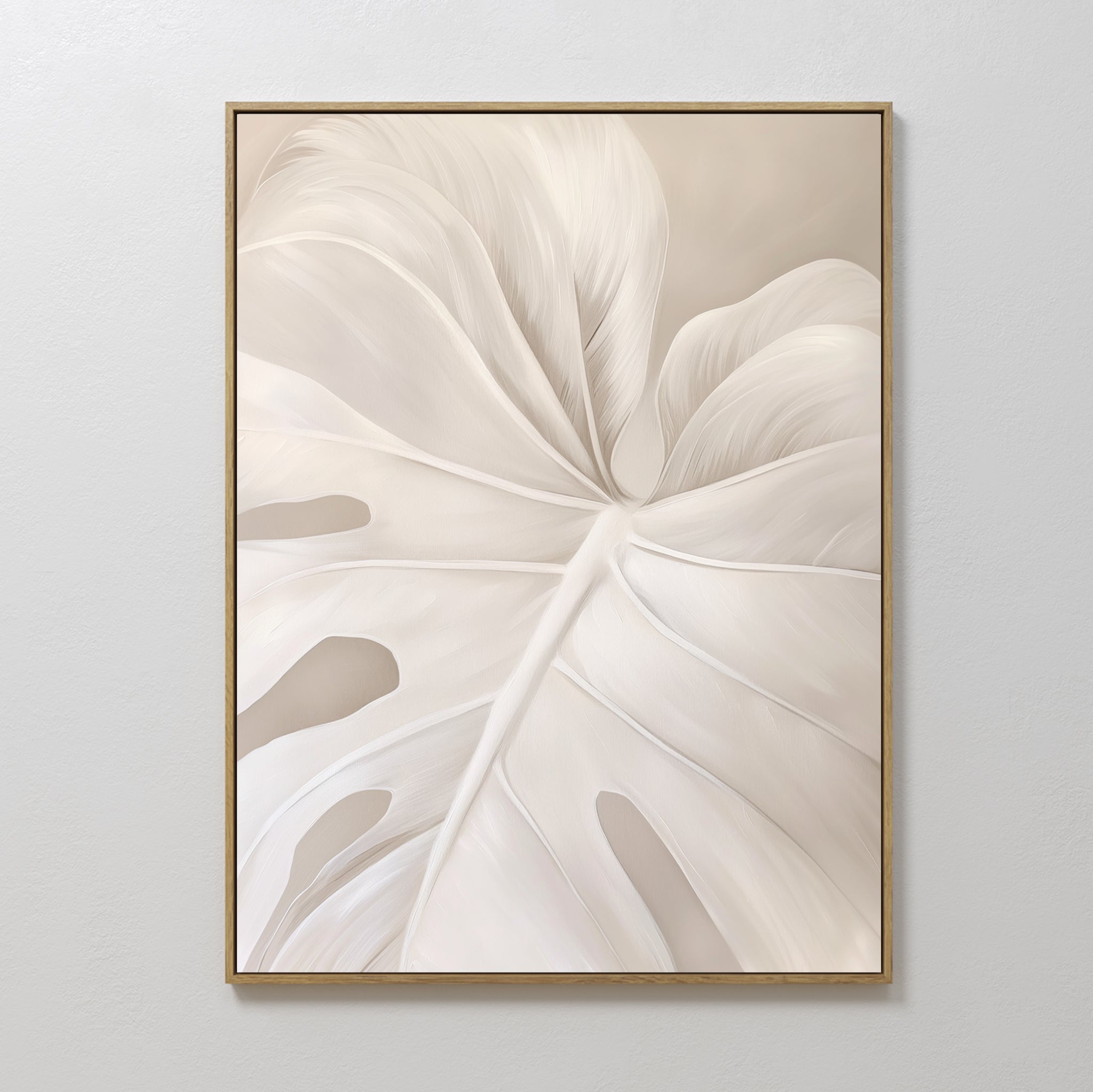 Original hand painted ivory cream monstera leaf botanical oil painting canvas wall art, nordic scandinavian elegant luxury minimalist modern living ro