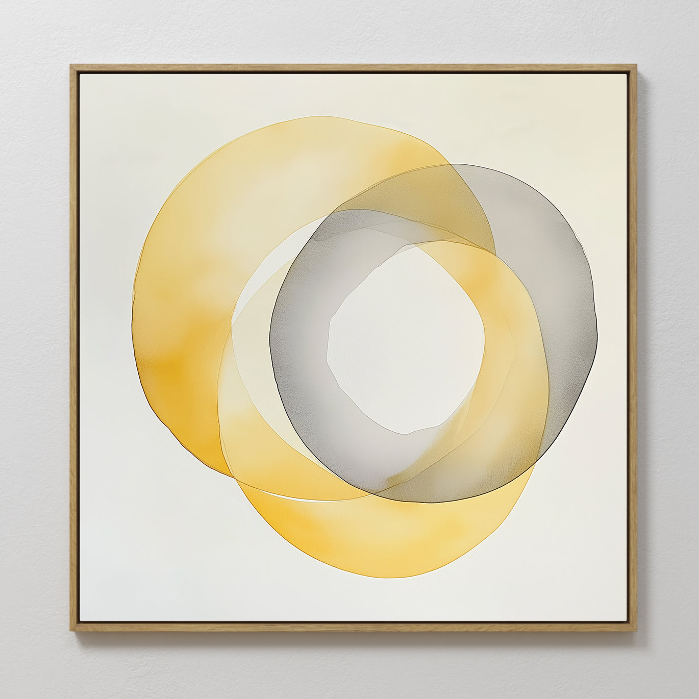 Hand painted original golden yellow grey overlapping organic circle oil painting canvas wall art, nordic scandinavian elegant luxury minimalist modern
