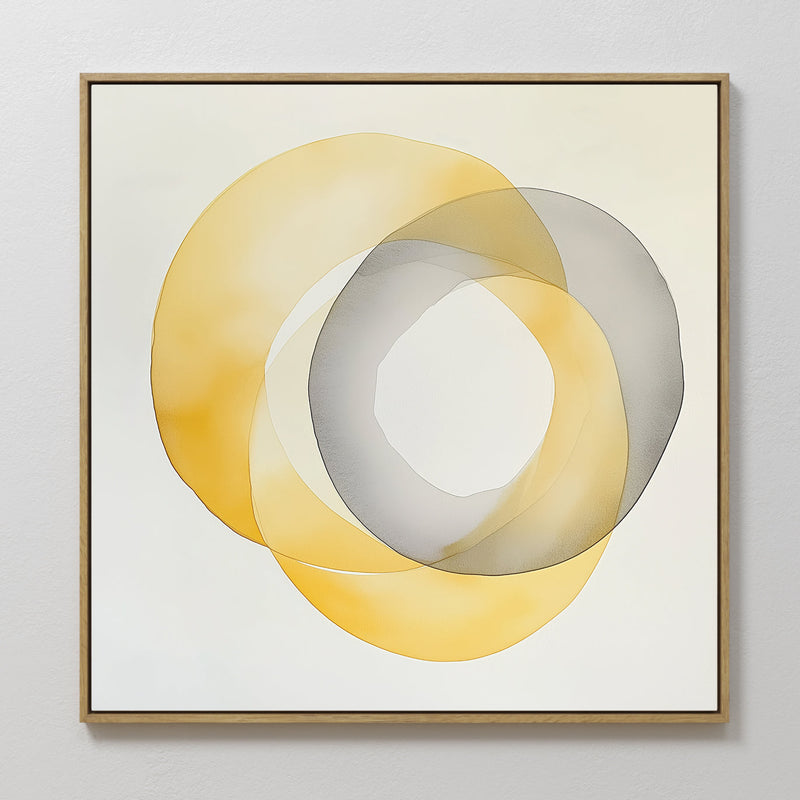 Hand painted original golden yellow grey overlapping organic circle oil painting canvas wall art, nordic scandinavian elegant luxury minimalist modern