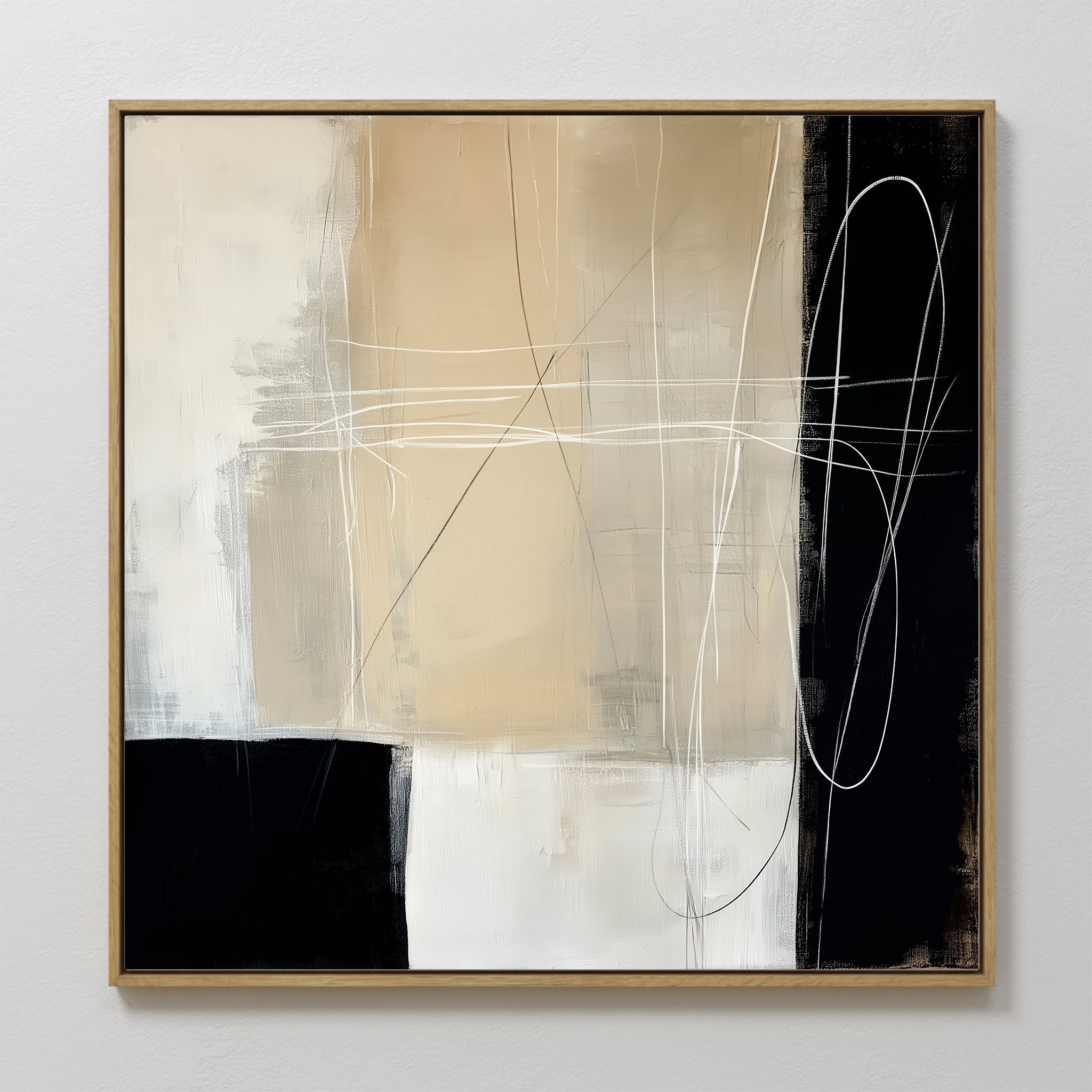 Original hand painted beige black ivory abstract oil painting canvas wall art, nordic scandinavian elegant luxury modern minimalist living room home d