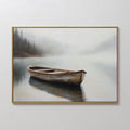 Original hand painted misty lake wooden rowboat oil painting canvas wall art, soft grey ivory brown tones, nordic scandinavian elegant luxury minimali