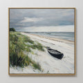 Original hand painted grey blue nordic coastal beach oil painting canvas wall art, dark boat sea grass elegant luxury scandinavian modern home decor i