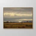Original hand painted white horse ochre golden meadow oil painting canvas wall art, nordic scandinavian elegant luxury vintage modern living room home