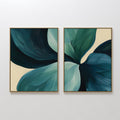 Hand painted original teal navy botanical oil painting canvas wall art set of 2, nordic scandinavian elegant luxury modern living room home decor inte