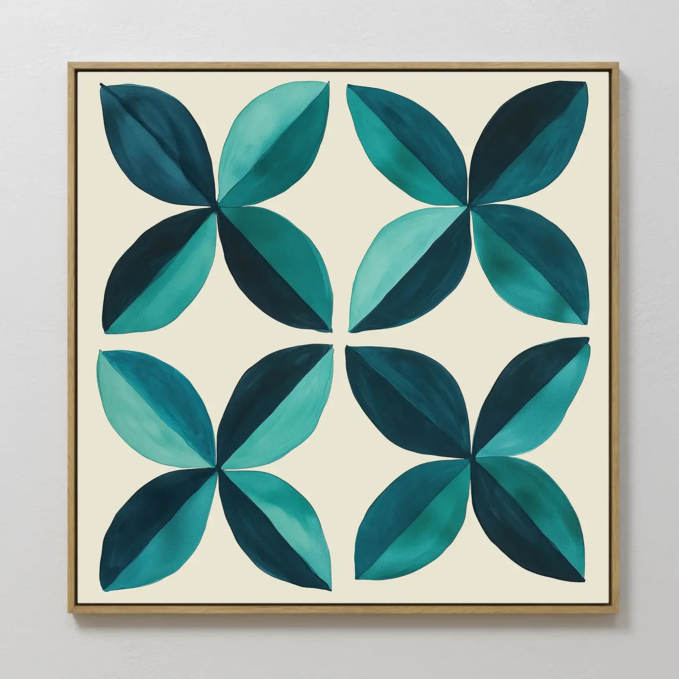 Original hand painted teal dark green geometric floral oil painting canvas wall art, nordic scandinavian elegant luxury modern living room home decor