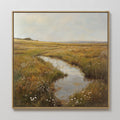 Hand painted original oil painting amber golden meadow winding stream wildflowers canvas wall art nordic scandinavian elegant luxury modern home decor