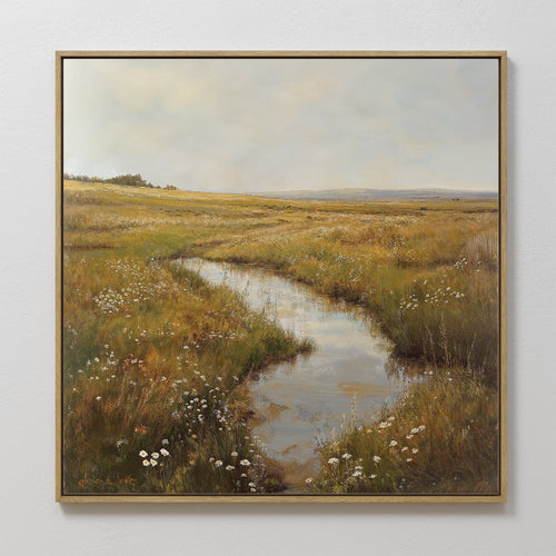 Hand painted original oil painting amber golden meadow winding stream wildflowers canvas wall art nordic scandinavian elegant luxury modern home decor