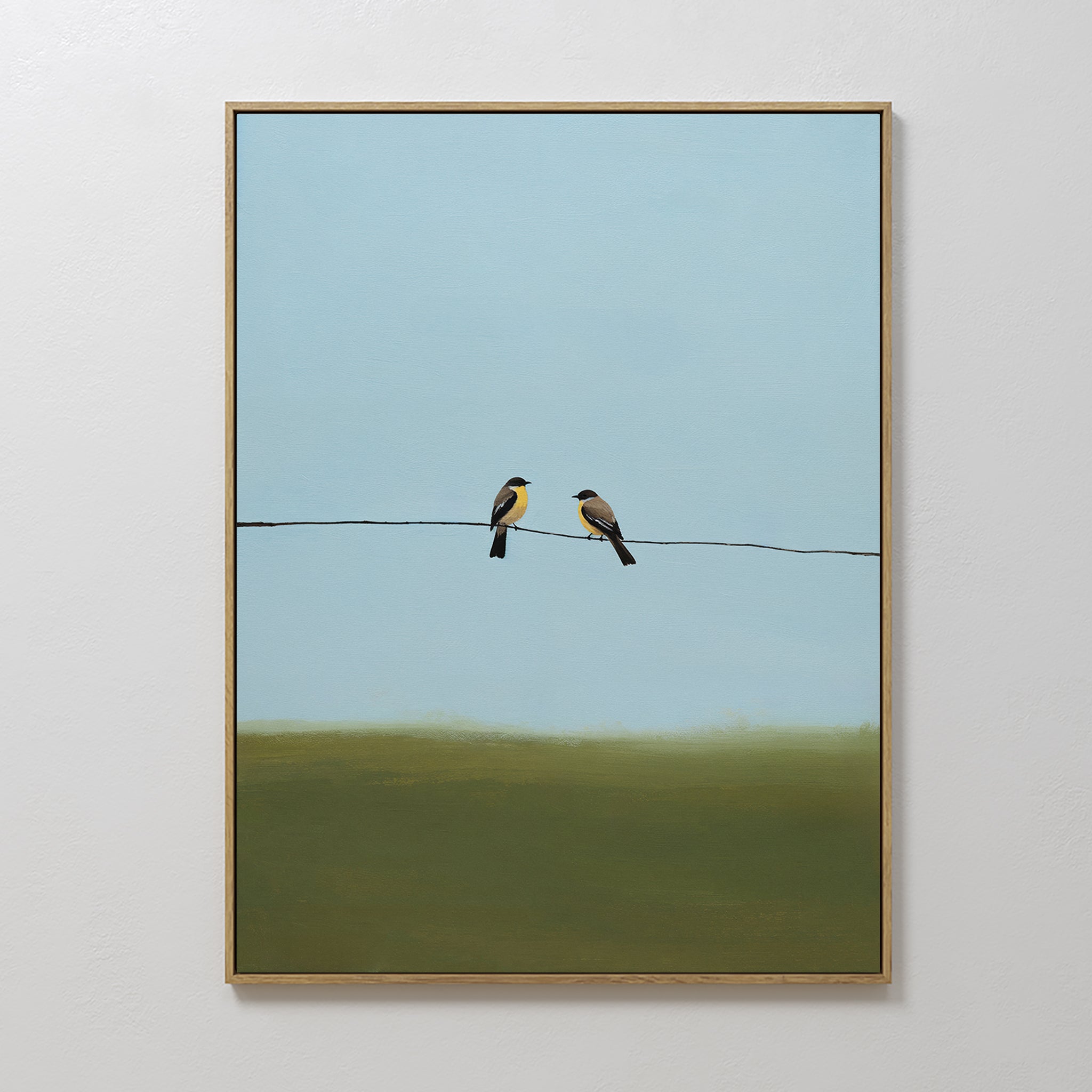 Original hand painted two birds on wire oil painting canvas wall art, sage green blue sky nordic scandinavian elegant luxury minimalist modern home de