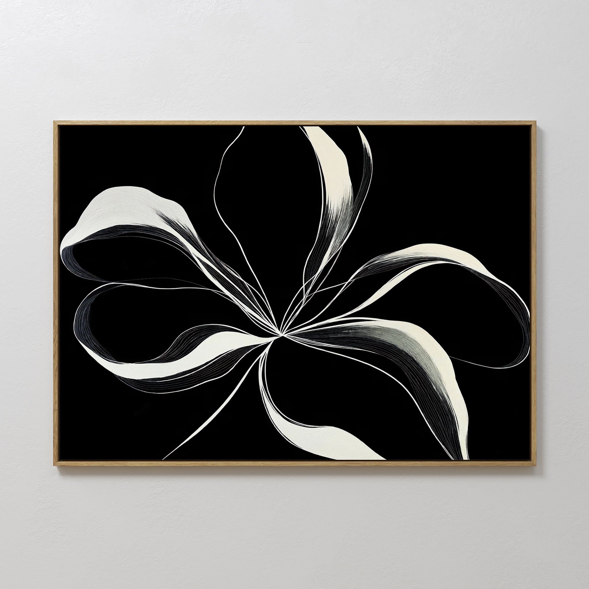 Hand painted original black ivory abstract floral oil painting canvas wall art, nordic scandinavian elegant luxury minimalist modern living room home