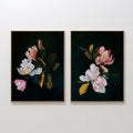 Hand painted original botanical oil painting set dark teal black blush pink magnolia flowers canvas wall art elegant luxury nordic scandinavian modern