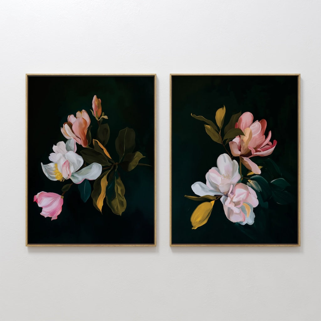 Hand painted original botanical oil painting set dark teal black blush pink magnolia flowers canvas wall art elegant luxury nordic scandinavian modern