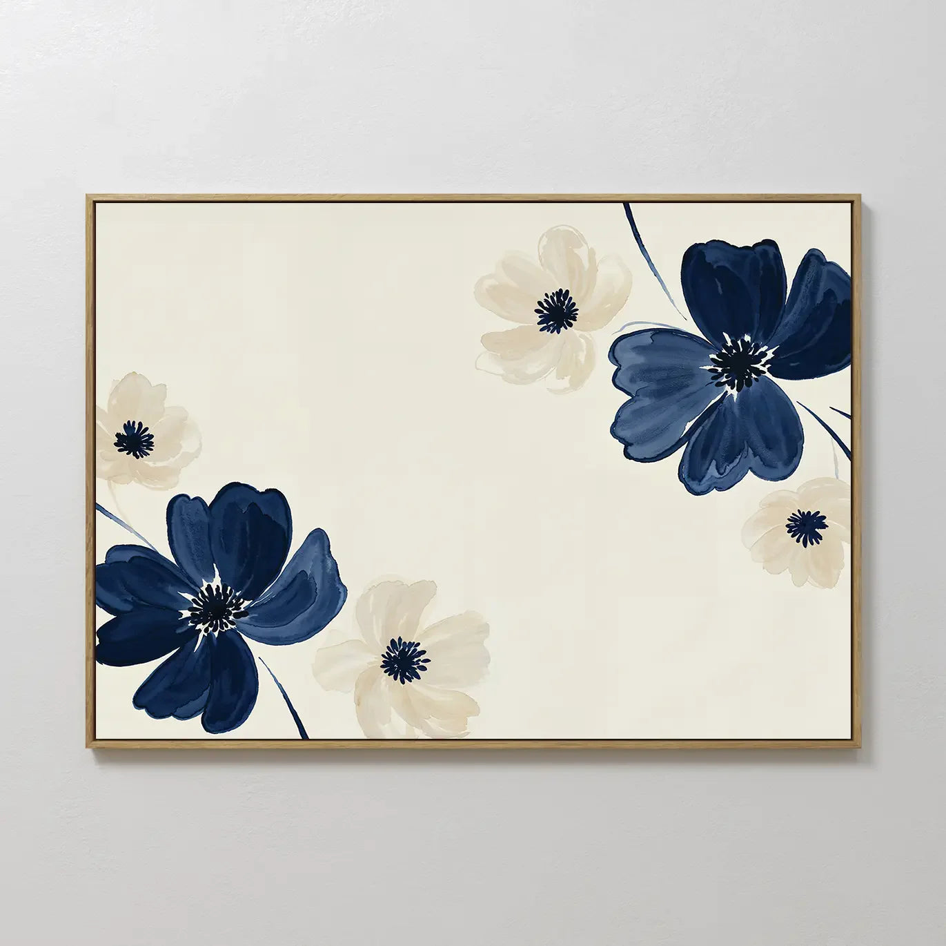 Original hand painted navy blue cream floral botanical oil painting canvas wall art, nordic scandinavian elegant luxury minimalist modern home decor i