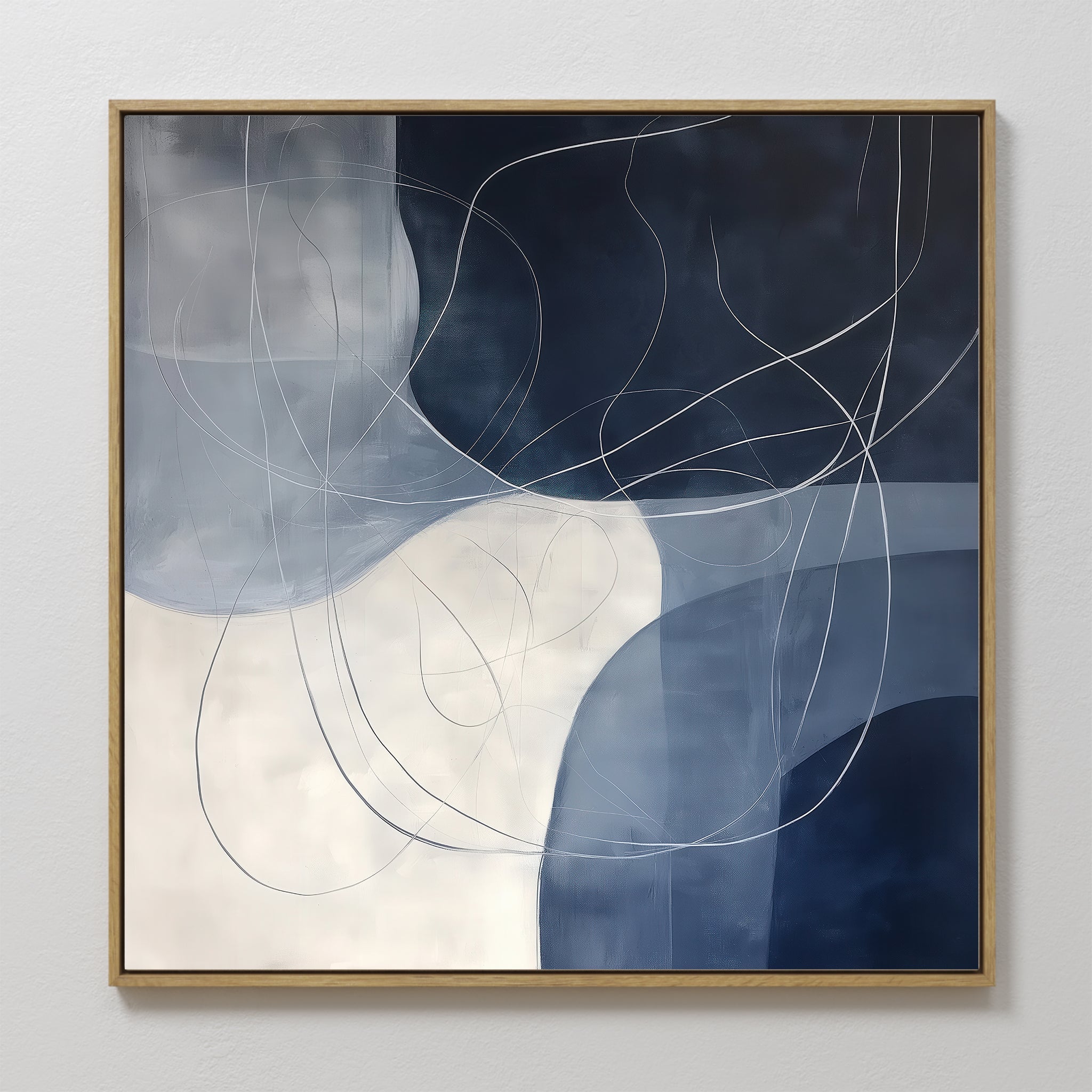 Original hand painted navy blue ivory abstract oil painting canvas wall art, flowing white lines organic shapes nordic scandinavian elegant luxury mod