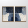 Original hand painted navy blue abstract oil painting canvas wall art set of 2, fluid curves white line detail cream background, nordic scandinavian e