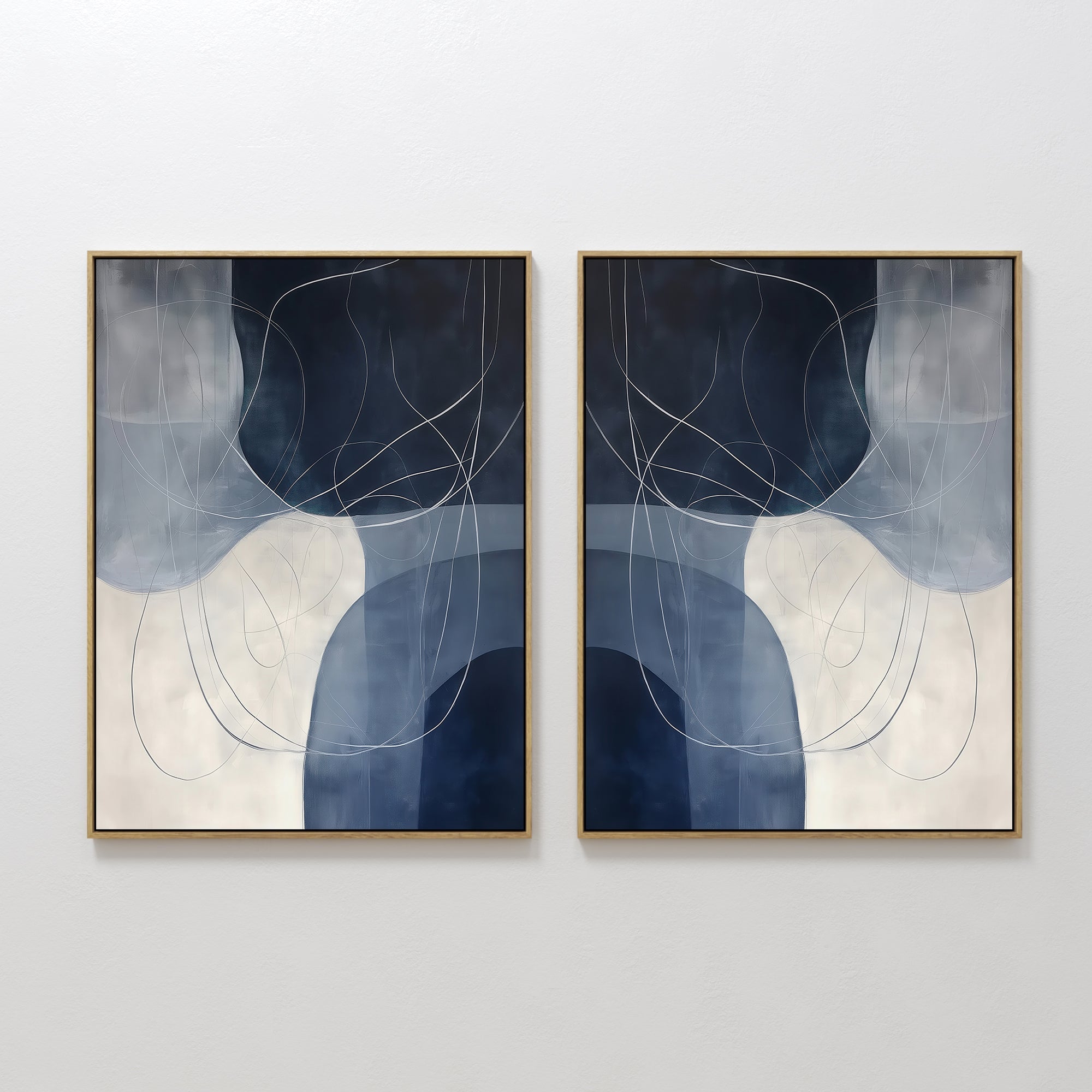 Original hand painted navy blue abstract oil painting canvas wall art set of 2, fluid curves white line detail cream background, nordic scandinavian e