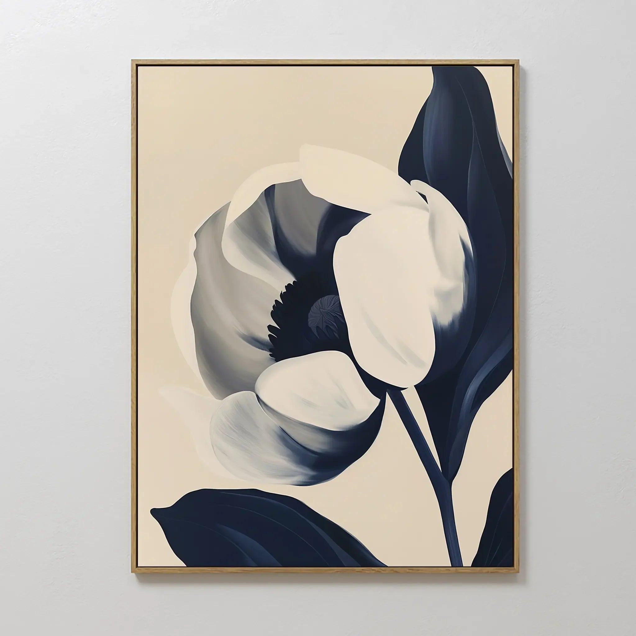 Original hand painted navy ivory botanical floral oil painting canvas wall art, nordic scandinavian elegant luxury minimalist modern living room home