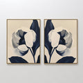 Original hand painted navy cream abstract floral diptych oil painting canvas wall art, nordic scandinavian elegant luxury modern bedroom living room h
