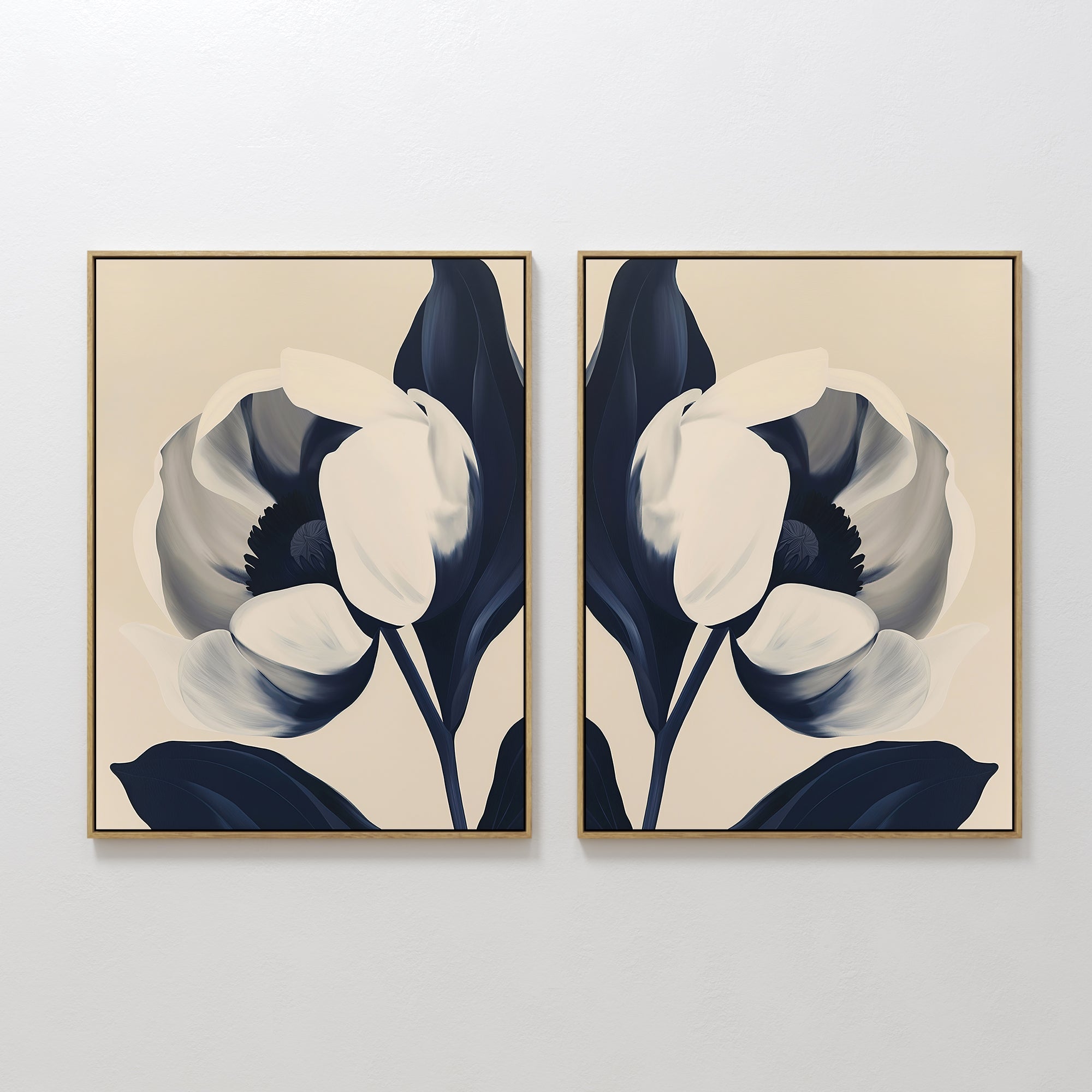 Original hand painted navy cream abstract floral diptych oil painting canvas wall art, nordic scandinavian elegant luxury modern bedroom living room h